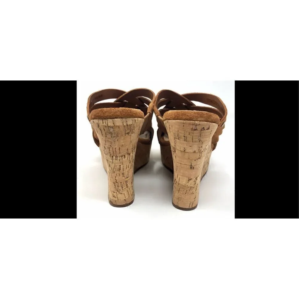 UGG Marta chestnut cork, slip on wedges, size 8W soft suede with woven straps al